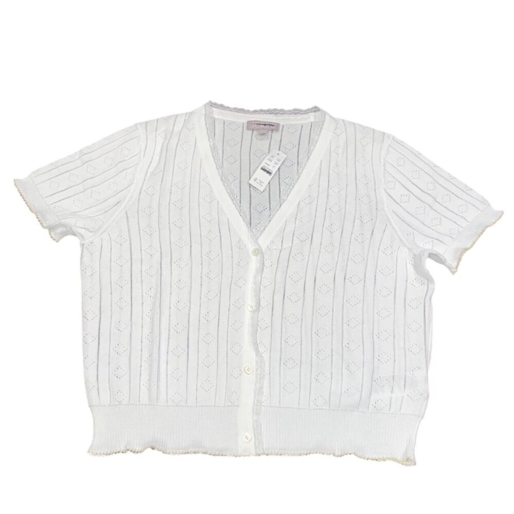 NWT J.Crew Sz L White Pointelle Short-Sleeve V-Neck Cardigan Ultra-Fine Cotton - Picture 3 of 9